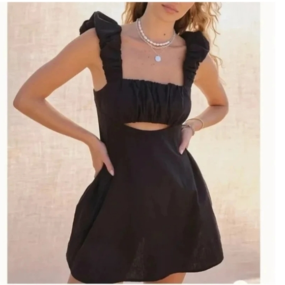 Free People Bom Bom Island Ruffle Mini Dress Cotton Linen Black Womens‎ Size SP - Picture 3 of 16